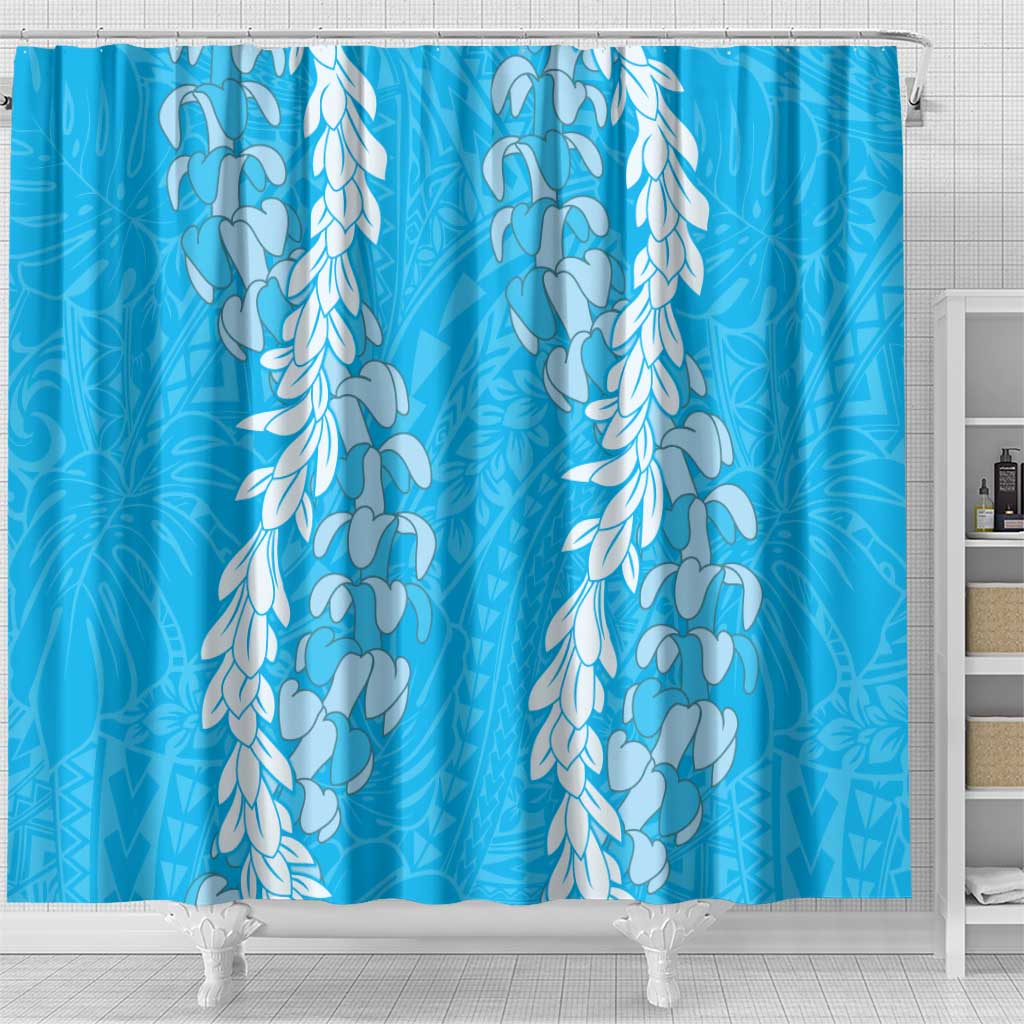 Puakenikeni and Maile Lei Shower Curtain Blue Double Strand Lei