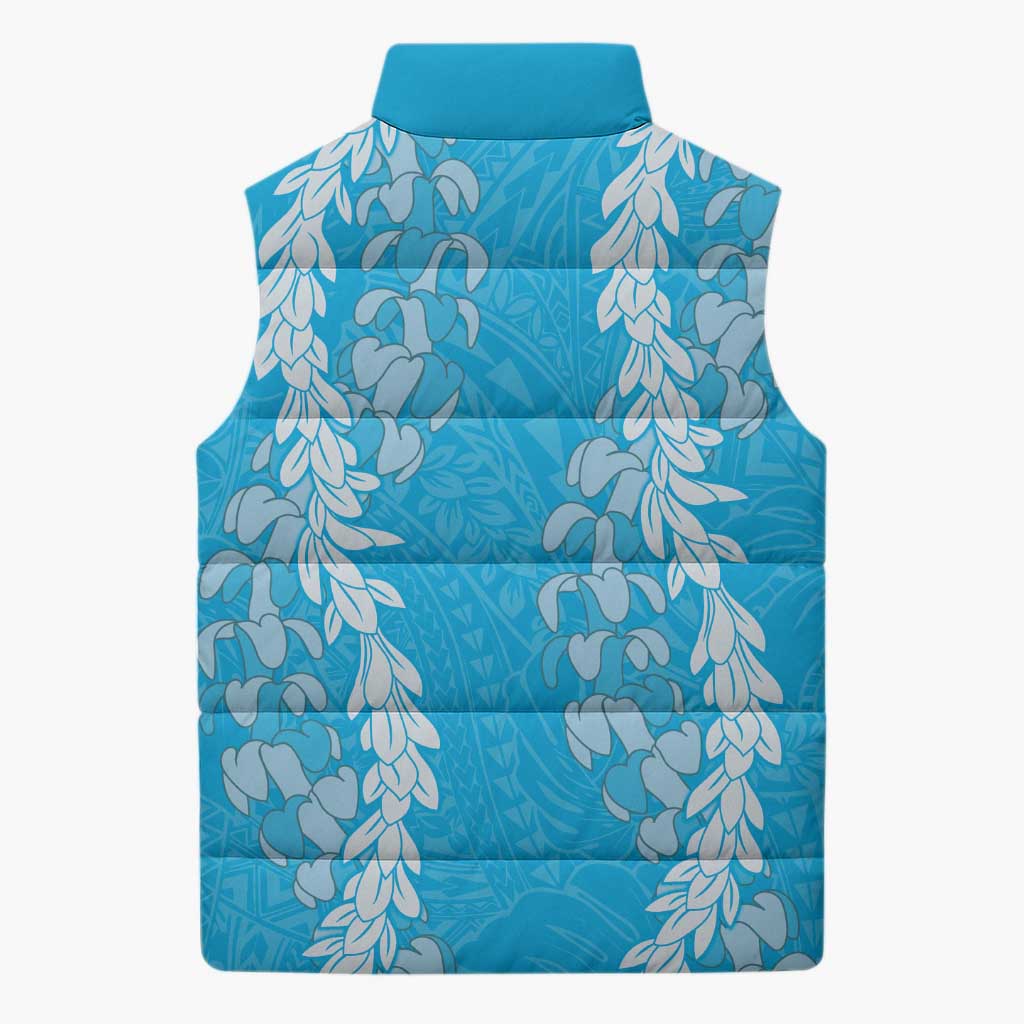 Puakenikeni and Maile Lei Sleeveless Puffer Jacket Blue Double Strand Lei - Polynesian Pride