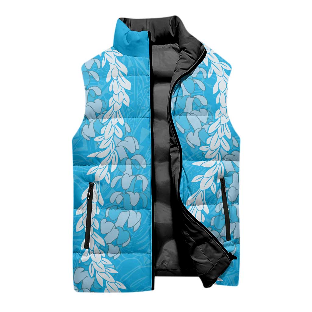 Puakenikeni and Maile Lei Sleeveless Puffer Jacket Blue Double Strand Lei - Polynesian Pride