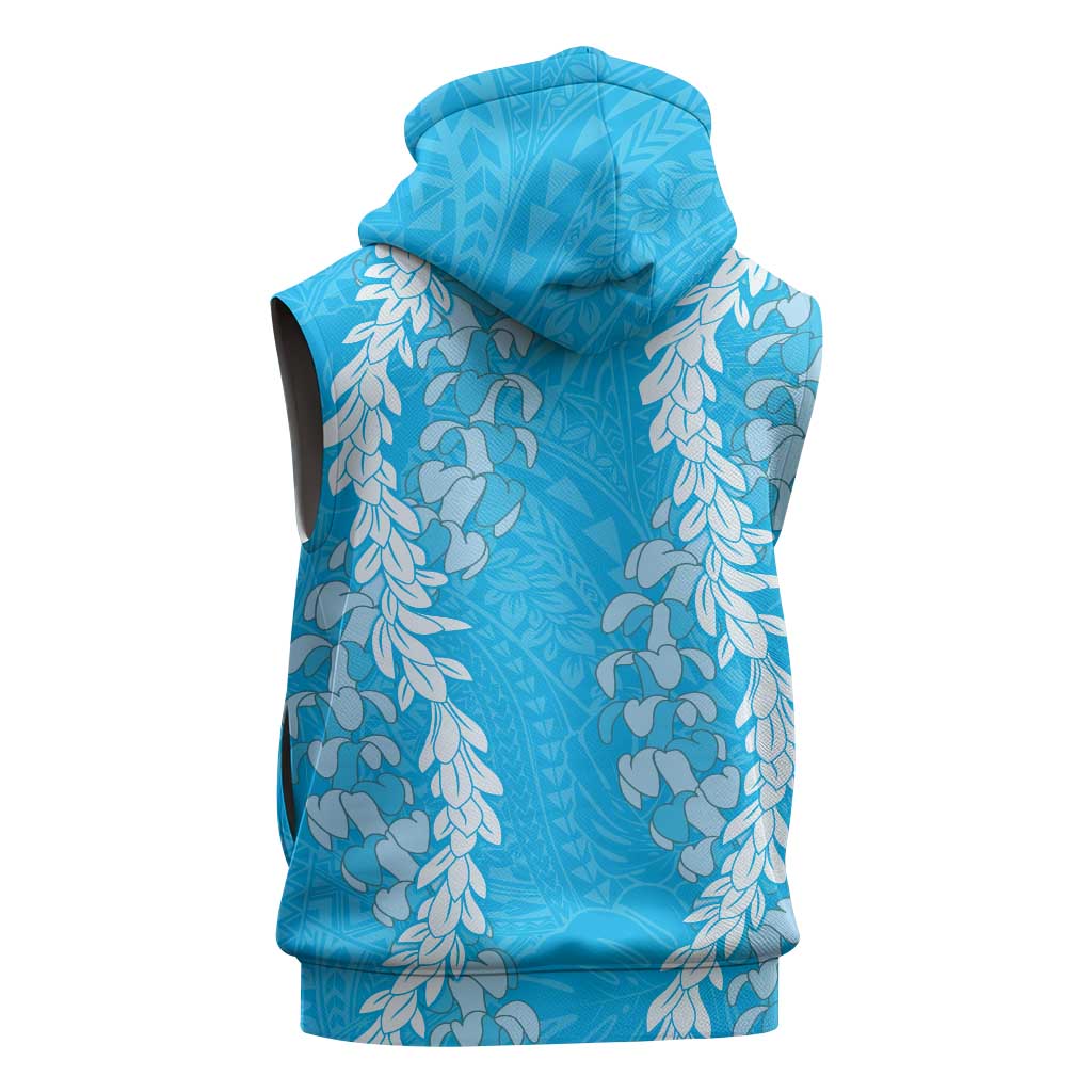 Puakenikeni and Maile Lei Sleeveless Zip Hoodie Blue Double Strand Lei - Polynesian Pride