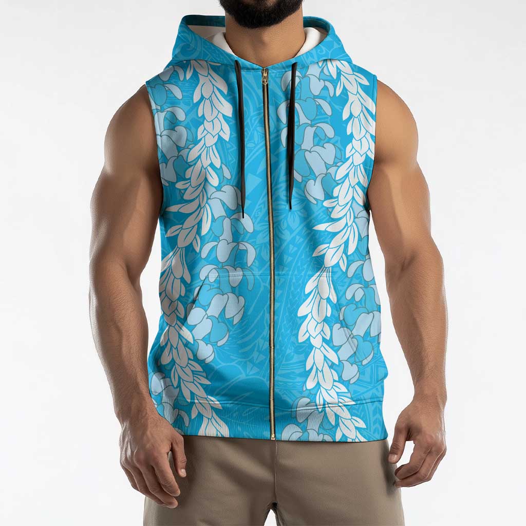 Puakenikeni and Maile Lei Sleeveless Zip Hoodie Blue Double Strand Lei - Polynesian Pride