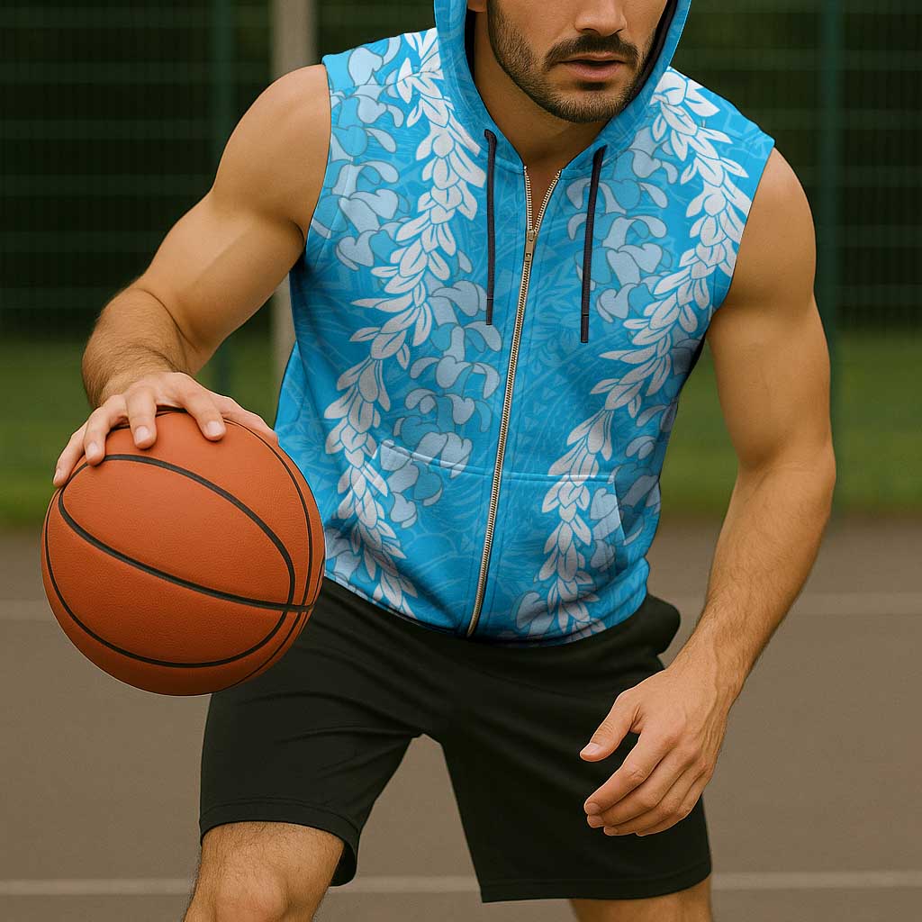 Puakenikeni and Maile Lei Sleeveless Zip Hoodie Blue Double Strand Lei - Polynesian Pride