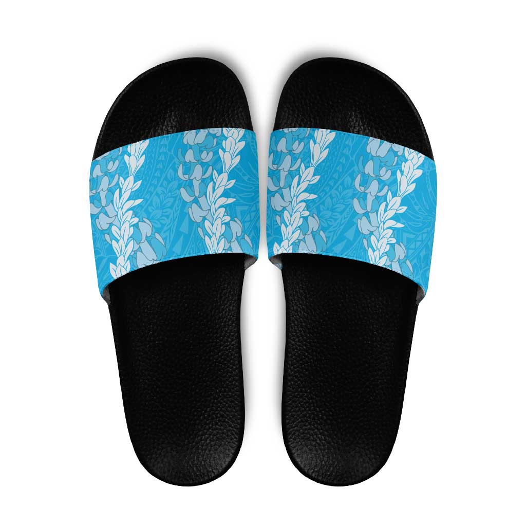 Puakenikeni and Maile Lei Slide Sandals Blue Double Strand Lei - Polynesian Pride