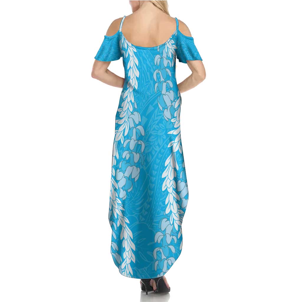 Puakenikeni and Maile Lei Summer Maxi Dress Blue Double Strand Lei
