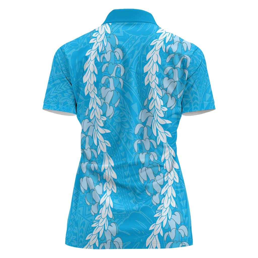 Puakenikeni and Maile Lei Women Polo Shirt Blue Double Strand Lei