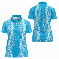Puakenikeni and Maile Lei Women Polo Shirt Blue Double Strand Lei