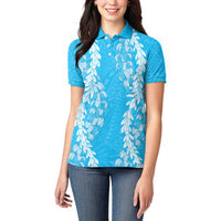 Puakenikeni and Maile Lei Women Polo Shirt Blue Double Strand Lei