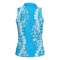 Puakenikeni and Maile Lei Women Sleeveless Polo Shirt Blue Double Strand Lei LT9 - Polynesian Pride