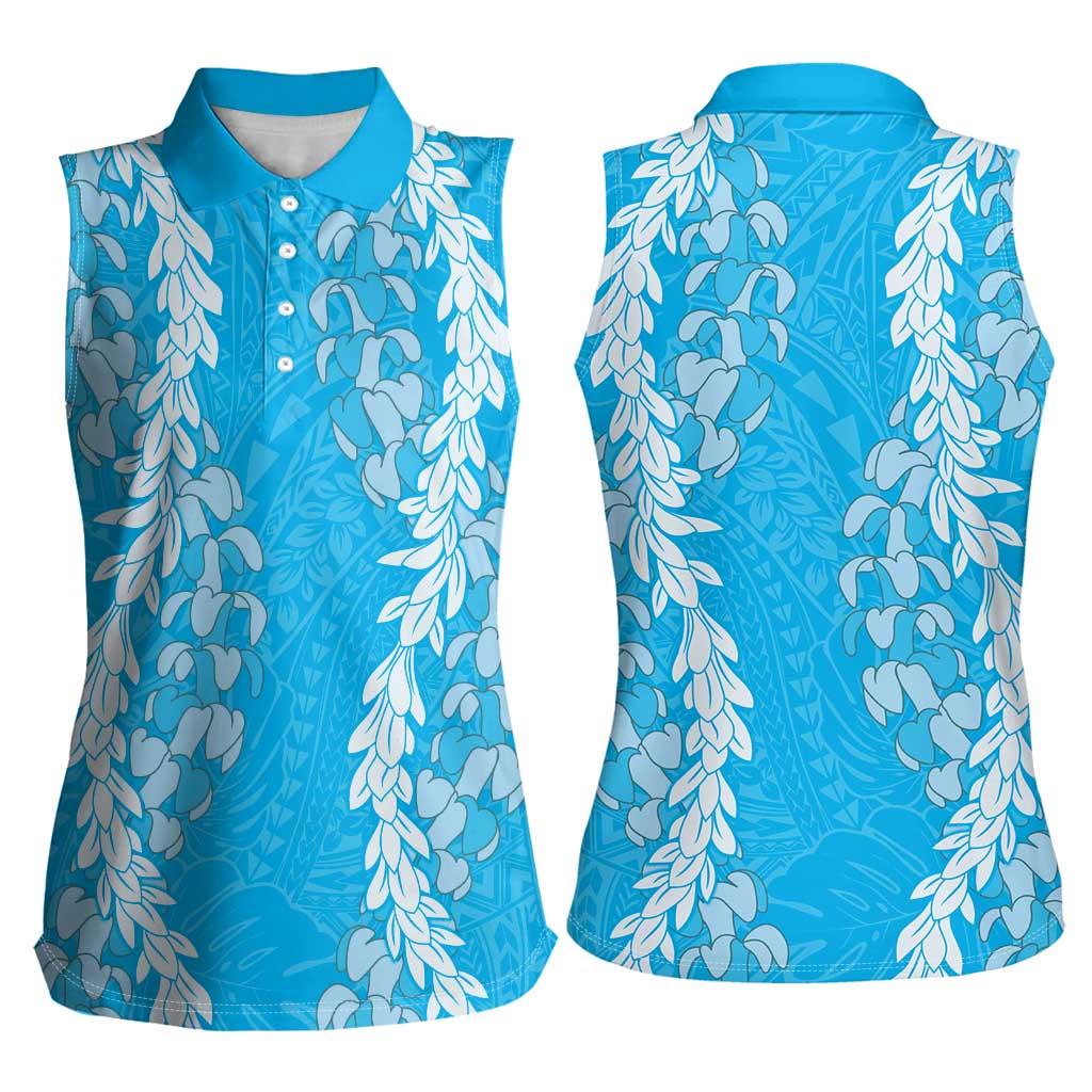 Puakenikeni and Maile Lei Women Sleeveless Polo Shirt Blue Double Strand Lei LT9 - Polynesian Pride