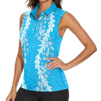 Puakenikeni and Maile Lei Women Sleeveless Polo Shirt Blue Double Strand Lei LT9 - Polynesian Pride
