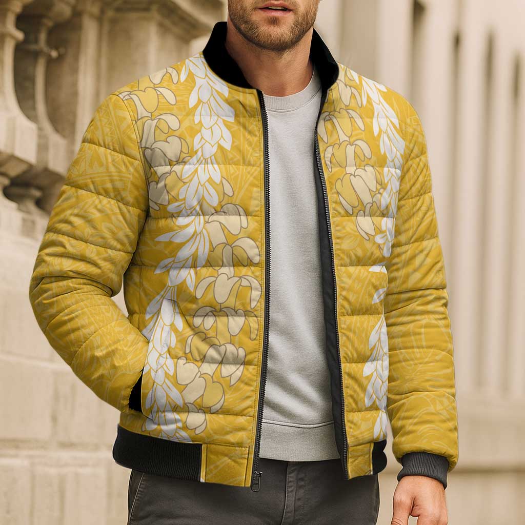 Puakenikeni and Maile Lei Bomber Puffer Jacket Gold Double Strand Lei - Polynesian Pride