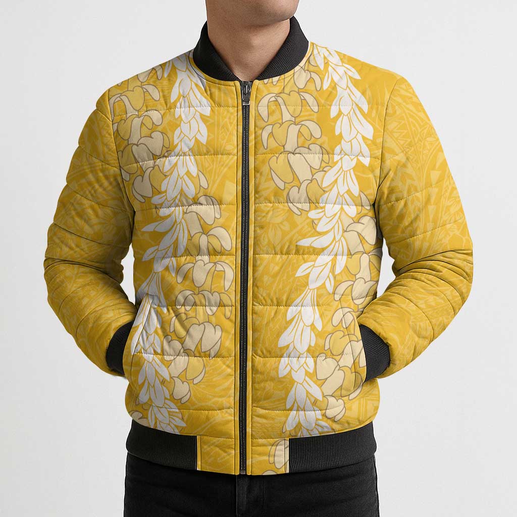 Puakenikeni and Maile Lei Bomber Puffer Jacket Gold Double Strand Lei - Polynesian Pride