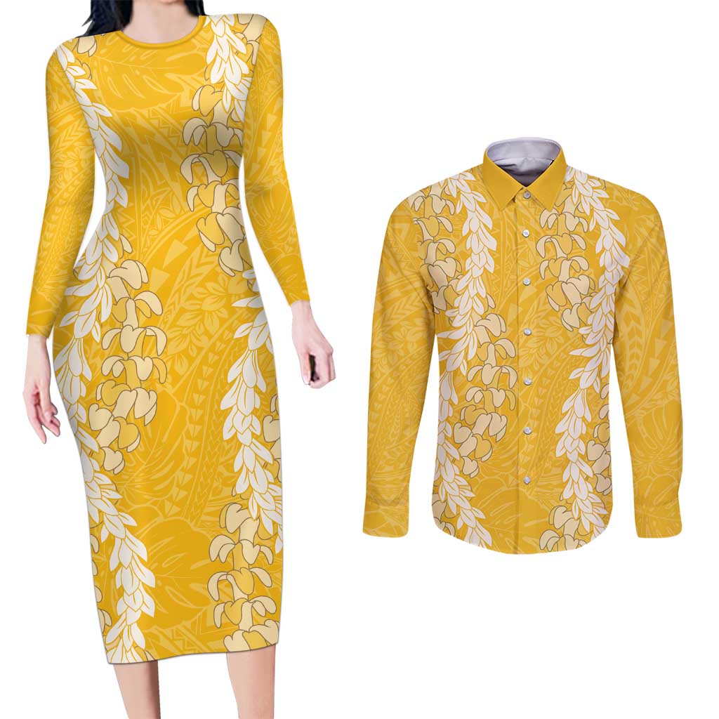 Puakenikeni and Maile Lei Couples Matching Long Sleeve Bodycon Dress and Long Sleeve Button Shirt Gold Double Strand Lei LT9 Gold - Polynesian Pride