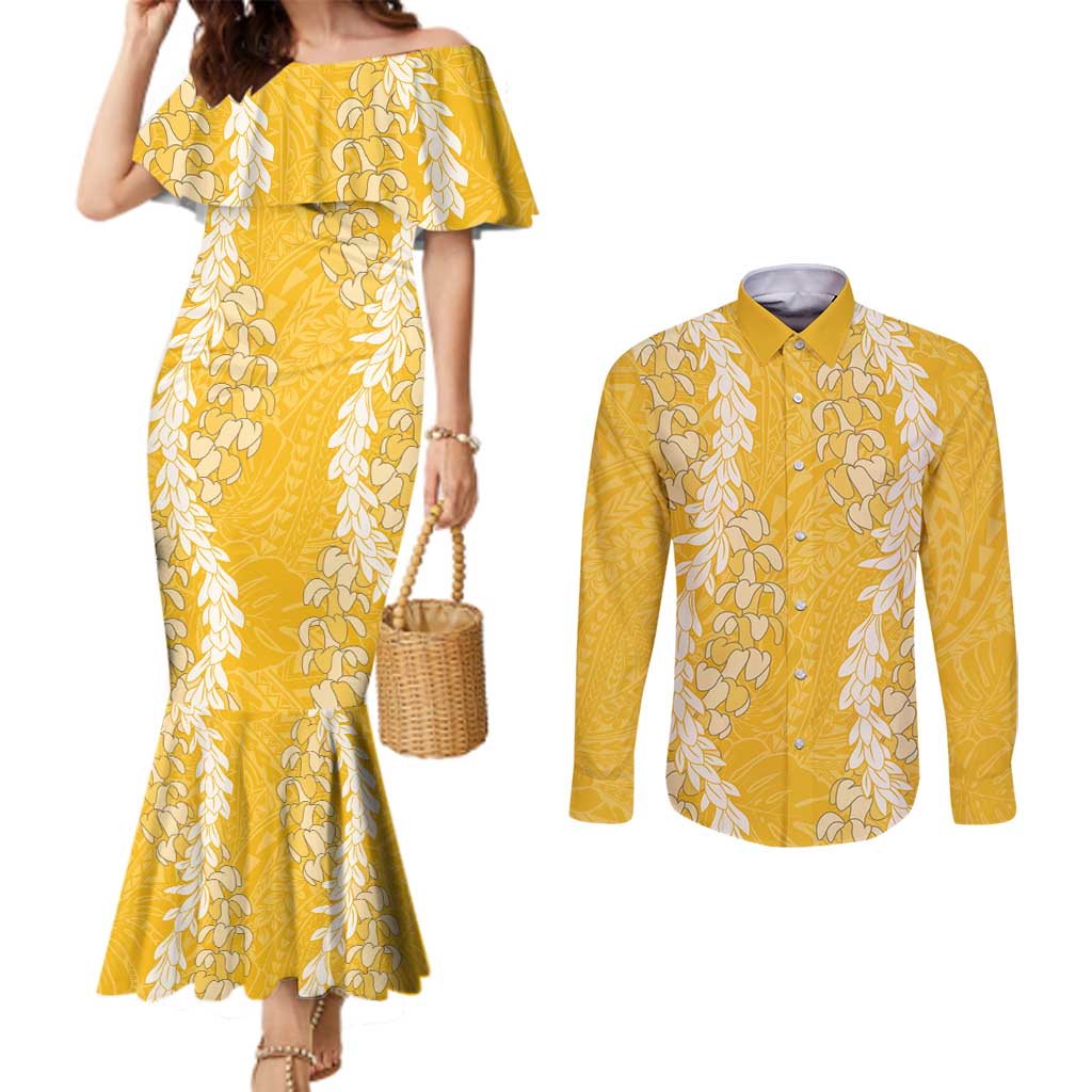 Puakenikeni and Maile Lei Couples Matching Mermaid Dress and Long Sleeve Button Shirt Gold Double Strand Lei LT9 Gold - Polynesian Pride