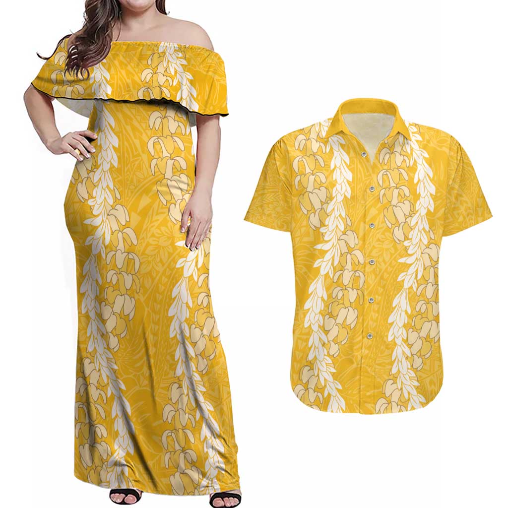 Puakenikeni and Maile Lei Couples Matching Off Shoulder Maxi Dress and Hawaiian Shirt Gold Double Strand Lei