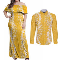 Puakenikeni and Maile Lei Couples Matching Off Shoulder Maxi Dress and Long Sleeve Button Shirt Gold Double Strand Lei LT9 Gold - Polynesian Pride