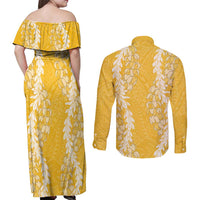 Puakenikeni and Maile Lei Couples Matching Off Shoulder Maxi Dress and Long Sleeve Button Shirt Gold Double Strand Lei LT9 - Polynesian Pride