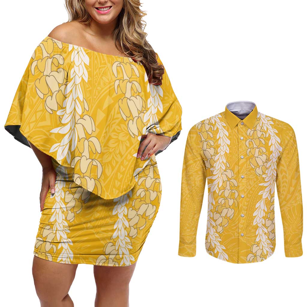 Puakenikeni and Maile Lei Couples Matching Off Shoulder Short Dress and Long Sleeve Button Shirt Gold Double Strand Lei LT9 Gold - Polynesian Pride