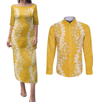 Puakenikeni and Maile Lei Couples Matching Puletasi and Long Sleeve Button Shirt Gold Double Strand Lei LT9 Gold - Polynesian Pride