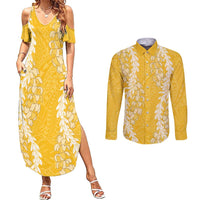 Puakenikeni and Maile Lei Couples Matching Summer Maxi Dress and Long Sleeve Button Shirt Gold Double Strand Lei LT9 Gold - Polynesian Pride