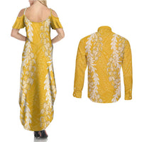 Puakenikeni and Maile Lei Couples Matching Summer Maxi Dress and Long Sleeve Button Shirt Gold Double Strand Lei LT9 - Polynesian Pride