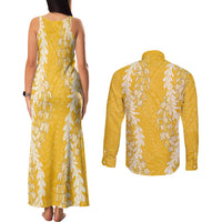 Puakenikeni and Maile Lei Couples Matching Tank Maxi Dress and Long Sleeve Button Shirt Gold Double Strand Lei LT9 - Polynesian Pride