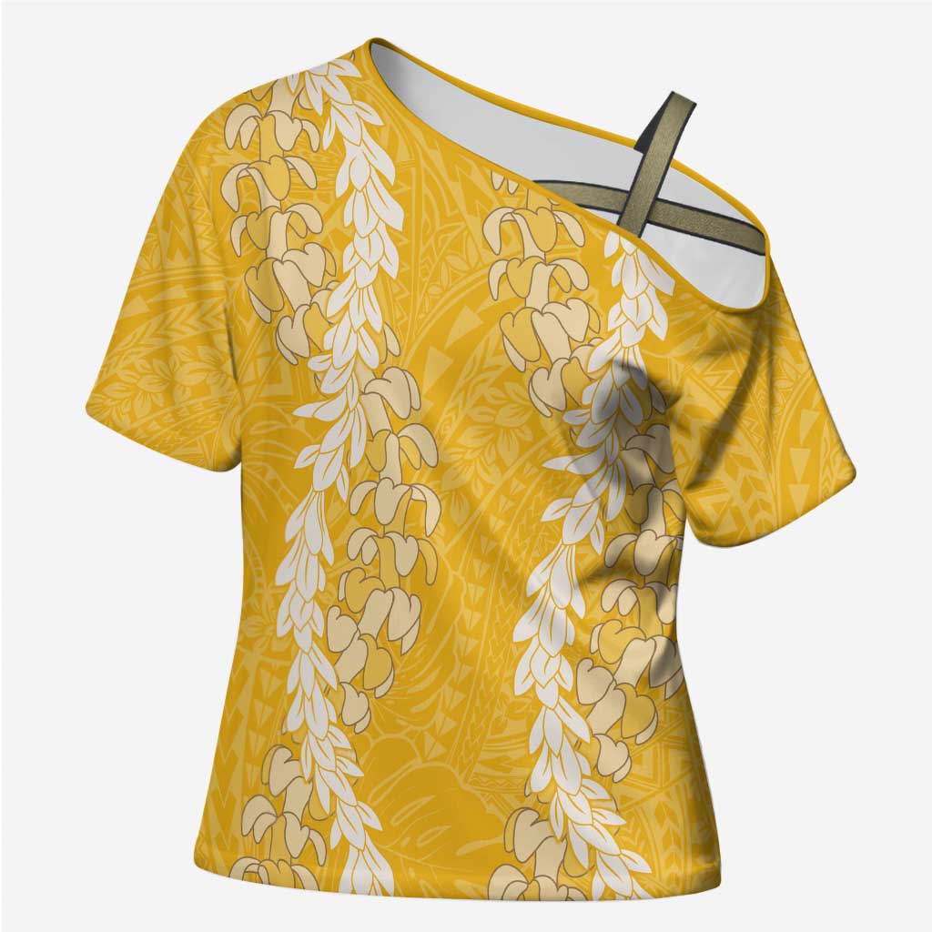 Puakenikeni and Maile Lei Cross Shoulder Shirt Gold Double Strand Lei - Polynesian Pride