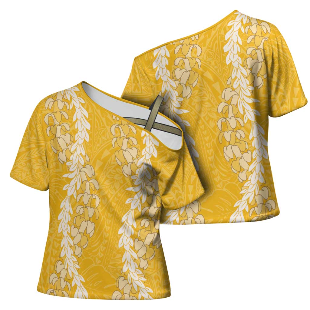 Puakenikeni and Maile Lei Cross Shoulder Shirt Gold Double Strand Lei - Polynesian Pride