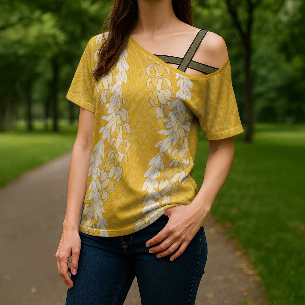 Puakenikeni and Maile Lei Cross Shoulder Shirt Gold Double Strand Lei - Polynesian Pride