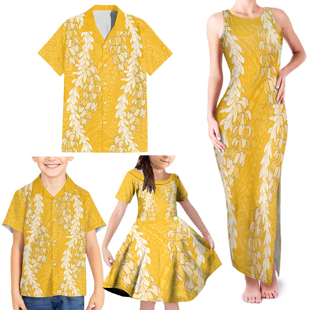 Puakenikeni and Maile Lei Family Matching Tank Maxi Dress and Hawaiian Shirt Gold Double Strand Lei