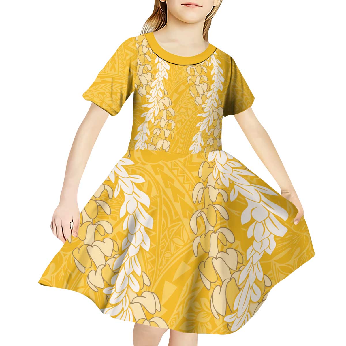 Puakenikeni and Maile Lei Kid Short Sleeve Dress Gold Double Strand Lei