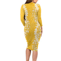 Puakenikeni and Maile Lei Long Sleeve Bodycon Dress Gold Double Strand Lei