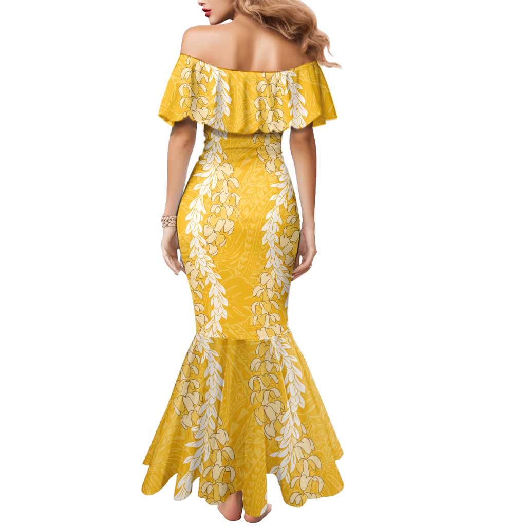 Puakenikeni and Maile Lei Mermaid Dress Gold Double Strand Lei