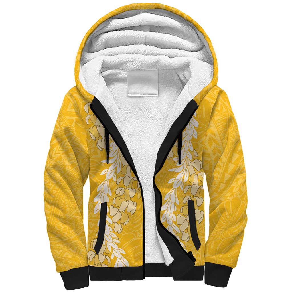 Puakenikeni and Maile Lei Sherpa Hoodie Gold Double Strand Lei