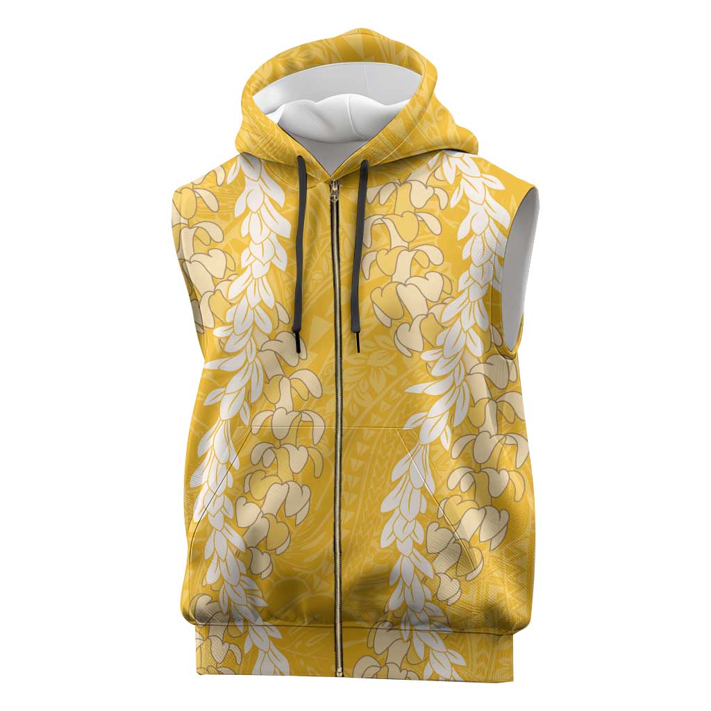 Puakenikeni and Maile Lei Sleeveless Zip Hoodie Gold Double Strand Lei - Polynesian Pride