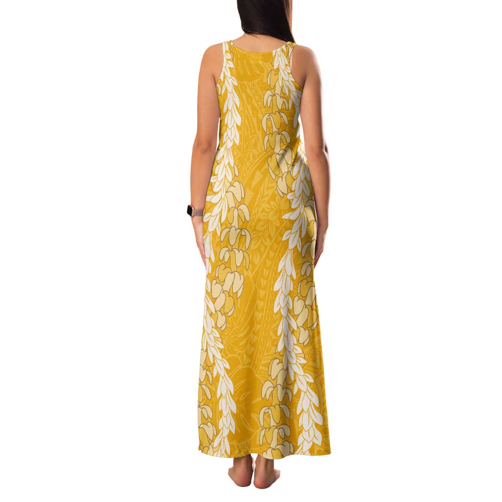 Puakenikeni and Maile Lei Tank Maxi Dress Gold Double Strand Lei