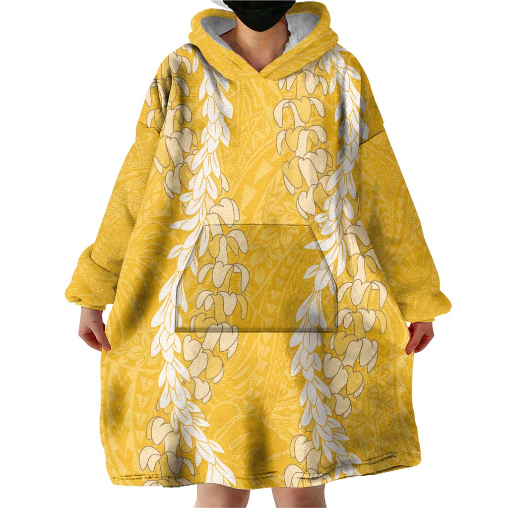 Puakenikeni and Maile Lei Wearable Blanket Hoodie Gold Double Strand Lei