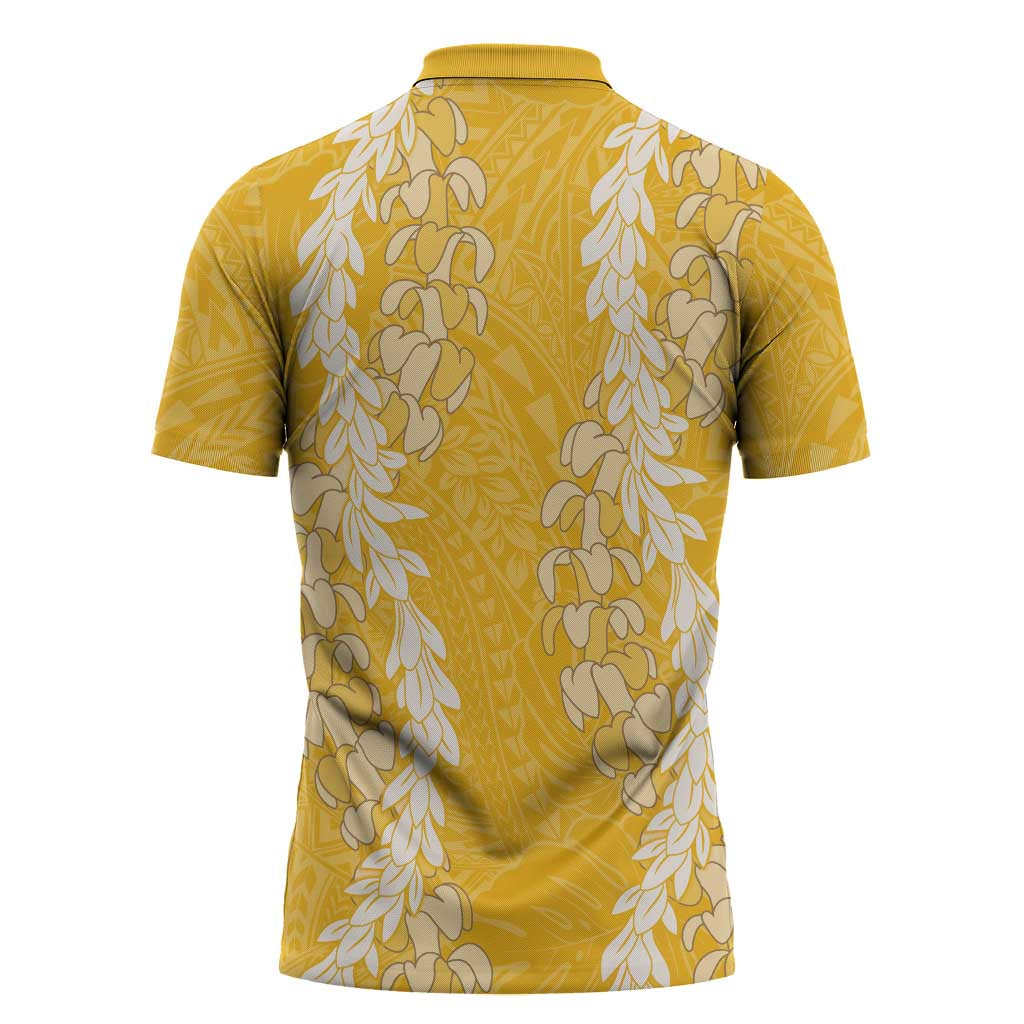 Puakenikeni and Maile Lei Zipper Polo Shirt Gold Double Strand Lei LT9 - Polynesian Pride