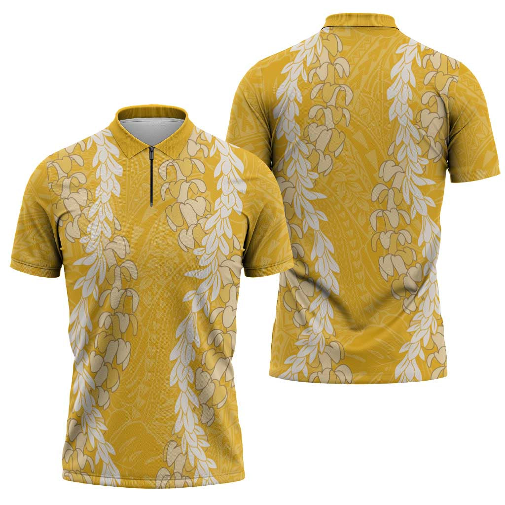 Puakenikeni and Maile Lei Zipper Polo Shirt Gold Double Strand Lei LT9 - Polynesian Pride