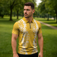 Puakenikeni and Maile Lei Zipper Polo Shirt Gold Double Strand Lei LT9 - Polynesian Pride