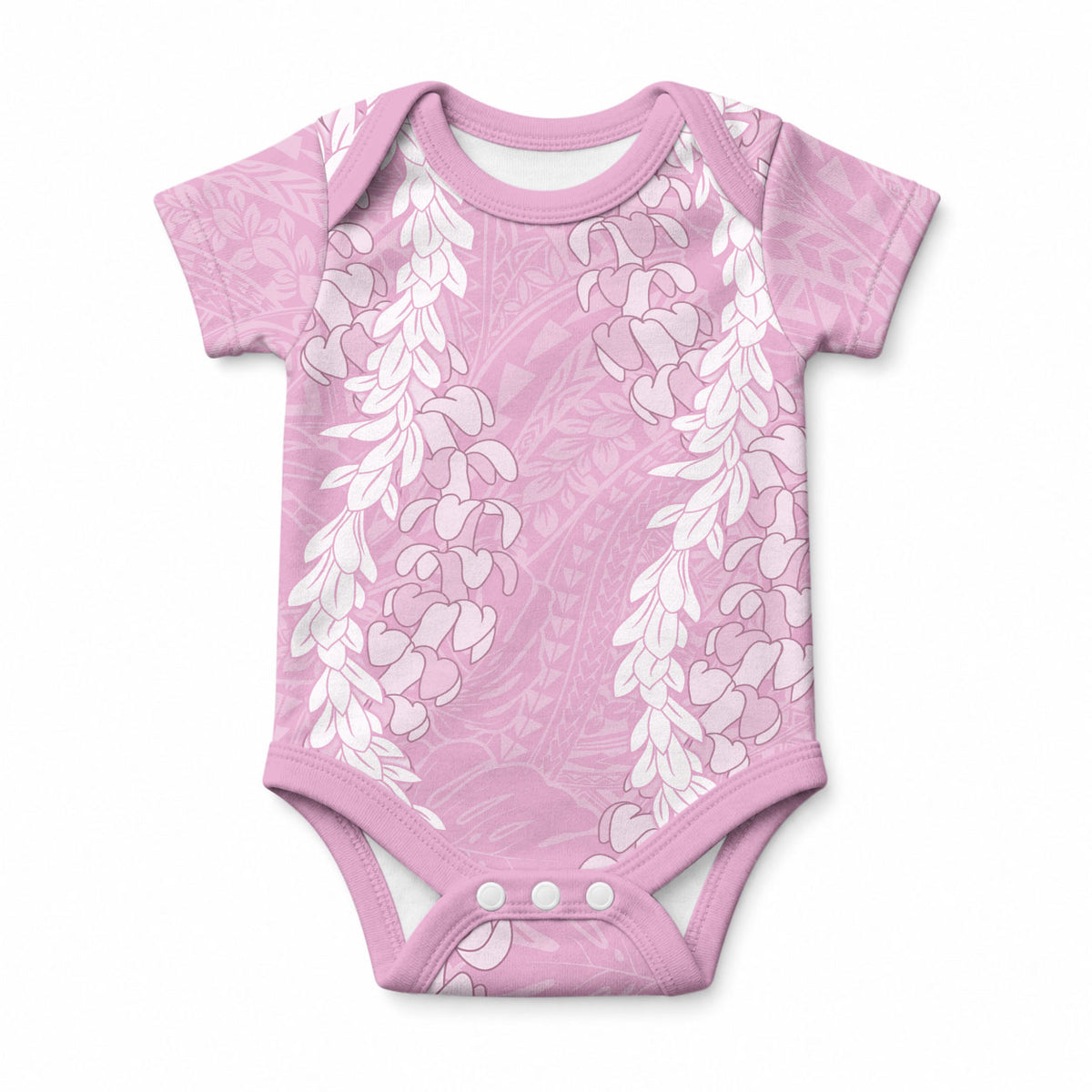 Puakenikeni and Maile Lei Baby Onesie Pink Double Strand Lei