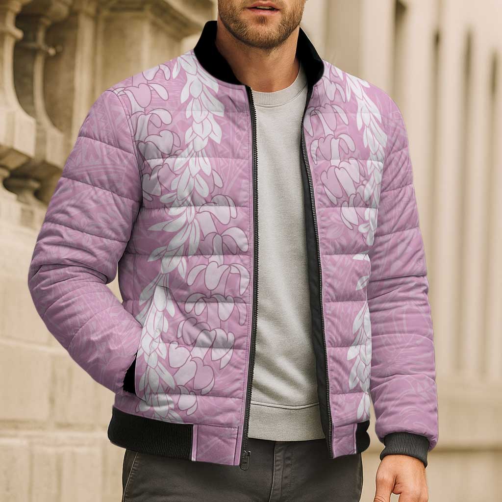 Puakenikeni and Maile Lei Bomber Puffer Jacket Pink Double Strand Lei LT9 - Polynesian Pride