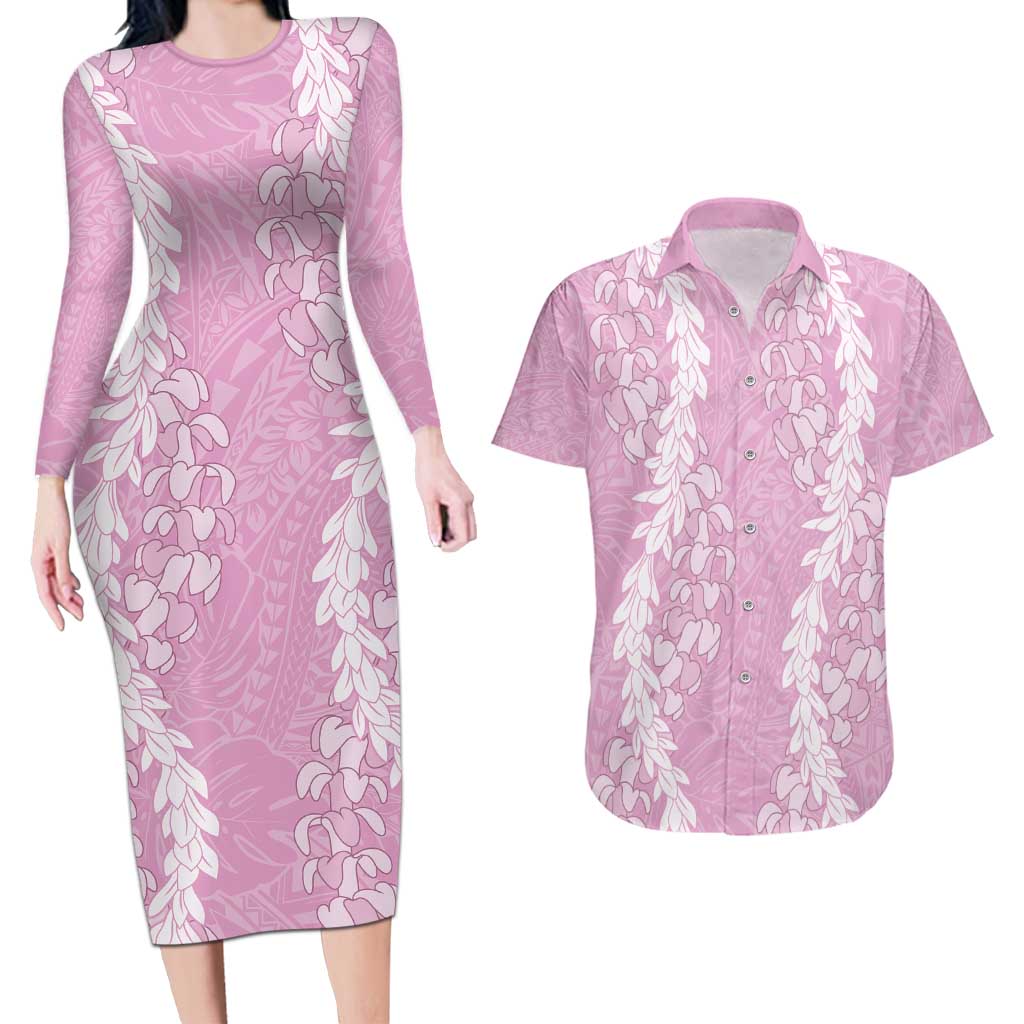Puakenikeni and Maile Lei Couples Matching Long Sleeve Bodycon Dress and Hawaiian Shirt Pink Double Strand Lei