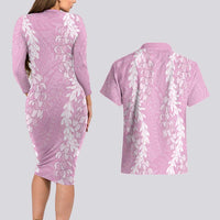 Puakenikeni and Maile Lei Couples Matching Long Sleeve Bodycon Dress and Hawaiian Shirt Pink Double Strand Lei