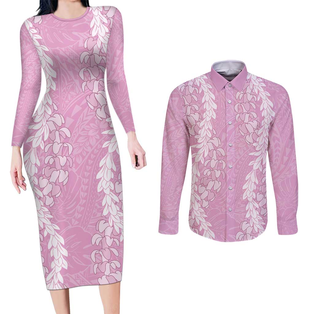 Puakenikeni and Maile Lei Couples Matching Long Sleeve Bodycon Dress and Long Sleeve Button Shirt Pink Double Strand Lei LT9 Pink - Polynesian Pride