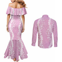 Puakenikeni and Maile Lei Couples Matching Mermaid Dress and Long Sleeve Button Shirt Pink Double Strand Lei LT9 - Polynesian Pride