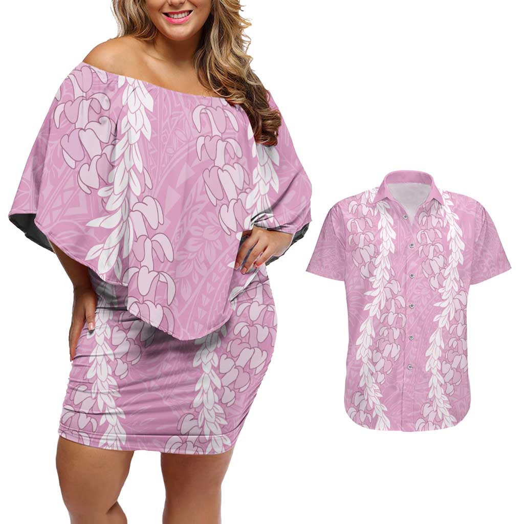 Puakenikeni and Maile Lei Couples Matching Off Shoulder Short Dress and Hawaiian Shirt Pink Double Strand Lei