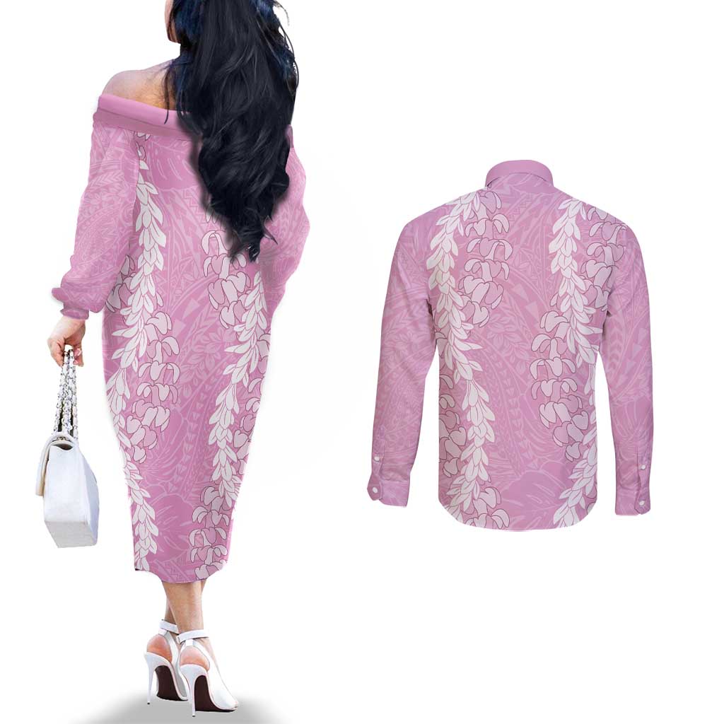 Puakenikeni and Maile Lei Couples Matching Off The Shoulder Long Sleeve Dress and Long Sleeve Button Shirt Pink Double Strand Lei LT9 - Polynesian Pride