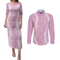 Puakenikeni and Maile Lei Couples Matching Puletasi and Long Sleeve Button Shirt Pink Double Strand Lei LT9 Pink - Polynesian Pride