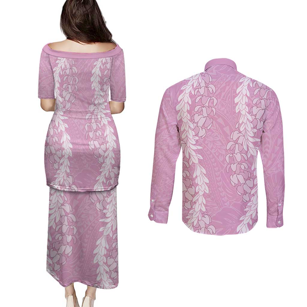Puakenikeni and Maile Lei Couples Matching Puletasi and Long Sleeve Button Shirt Pink Double Strand Lei LT9 - Polynesian Pride